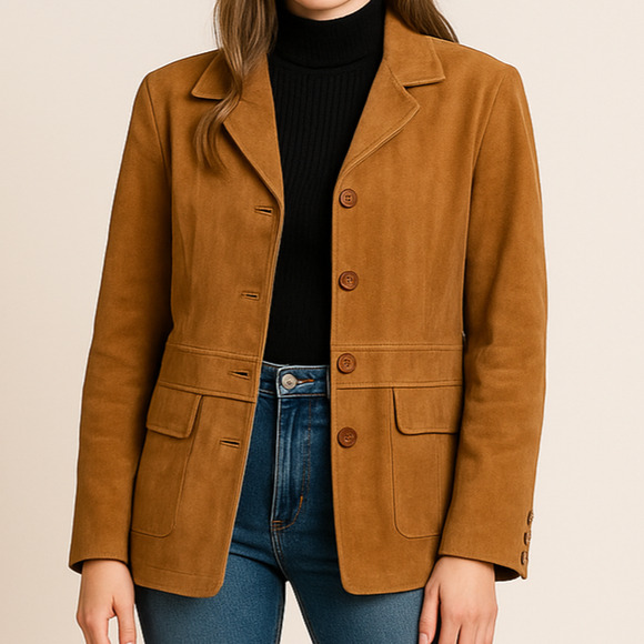 Terry Lewis Genuine Leather Blazer Jacket Women’s Medium Tan Brown - Picture 1 of 8
